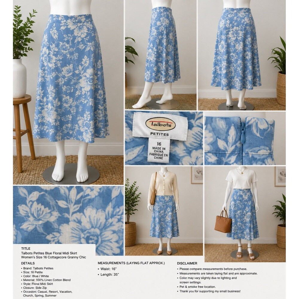 Talbots Flowers Pencil Skirt Womens Size 16 P Blue White Colorful Classic Career